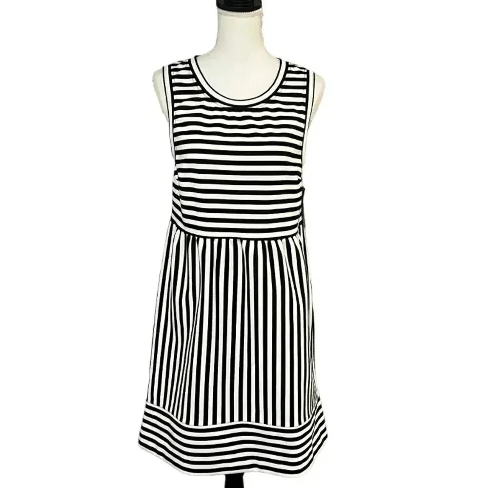 INC “Flourish” Sz L black/white stripe dress w/ statement zipper in back NWT